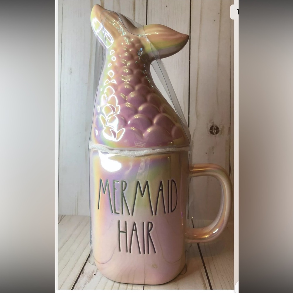 Rae Dunn Mermaid Hair Mug with topper and Iridescent Finish